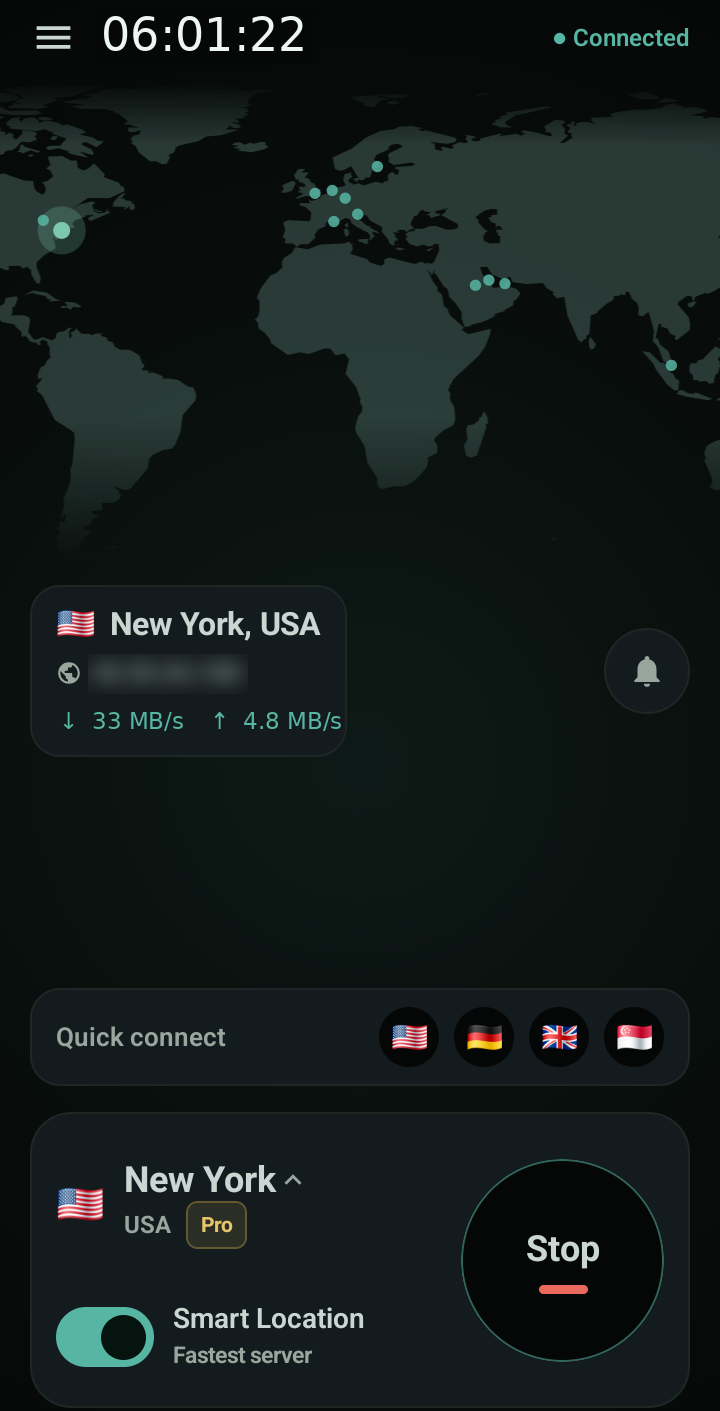 Vela VPN app — connected to New York